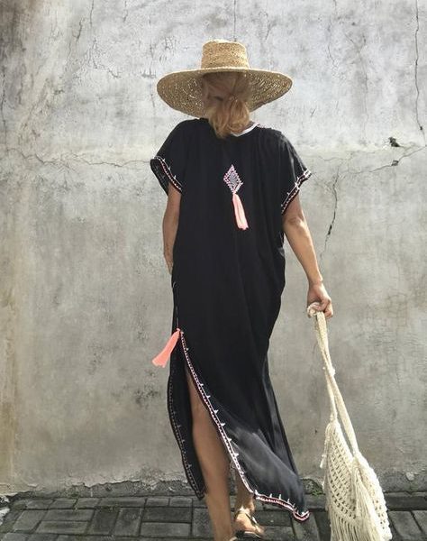Moroccan Print Maxi Kaftan Beach Cover Up - Lightweight Silky Fabric, Front Slit, Versatile Day-to-Night Style