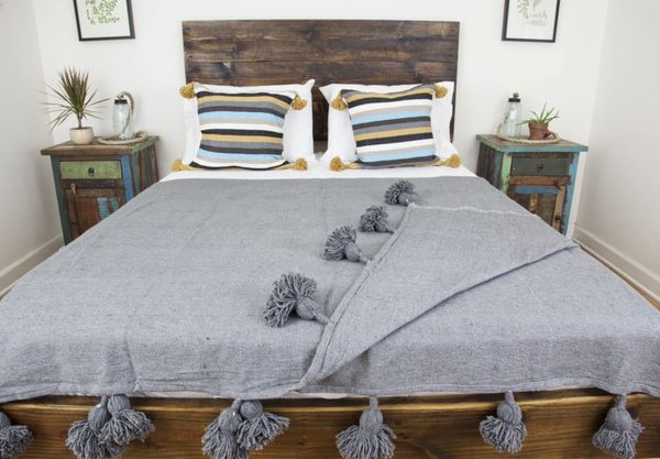 Gray Moroccan Pom Pom Handmade Blanket | Wool & Cotton Blend