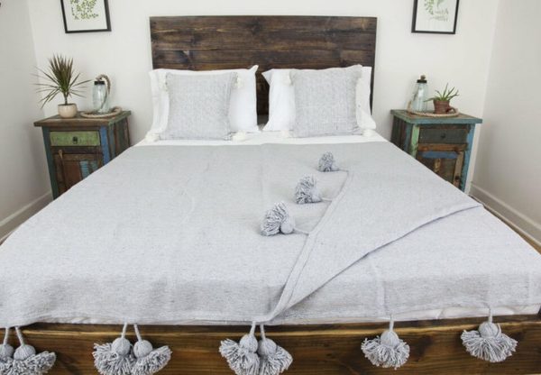 Luxurious Grey Pom Pom Moroccan Wool Blanket - Handcrafted Elegance & Comfort