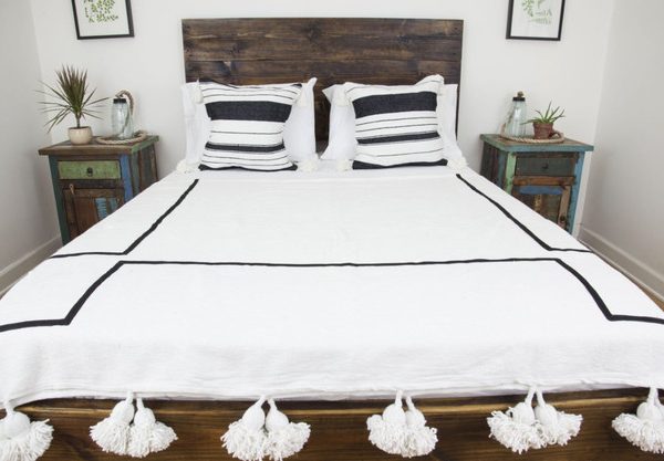 Handmade White Fuzzy Moroccan Pom Pom Blanket - Stylish and Versatile Home Accent