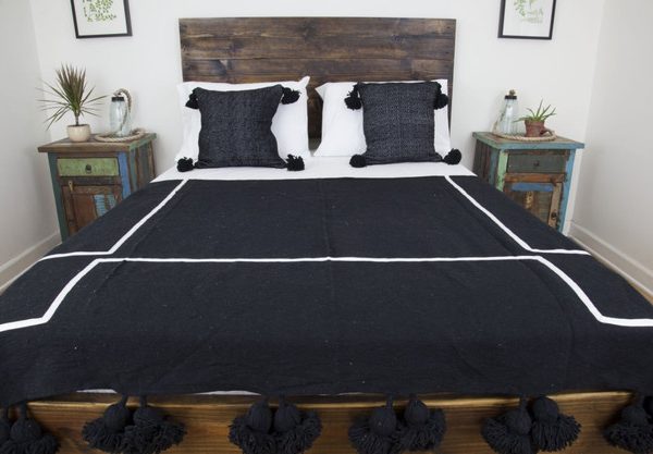 Handwoven Moroccan Pom Pom Blanket - Handmade Wool & Cotton