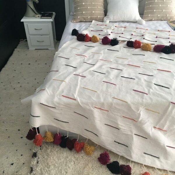 Moroccan Handcrafted Wool Pom Pom Blanket for Decor