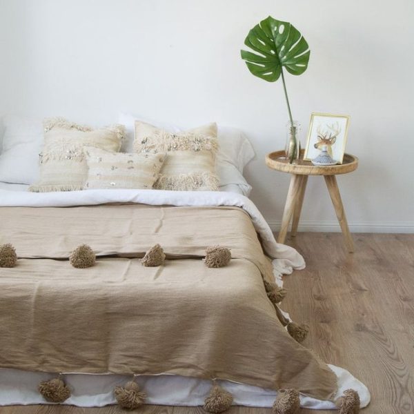 Luxurious Creme Moroccan Pom Pom Blanket - Handcrafted Wool Blanket