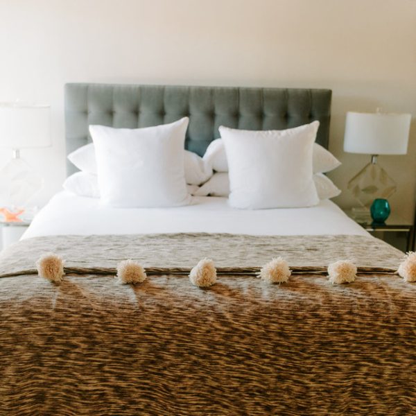 Handwoven Grey & White Wool Pom Pom Blanket