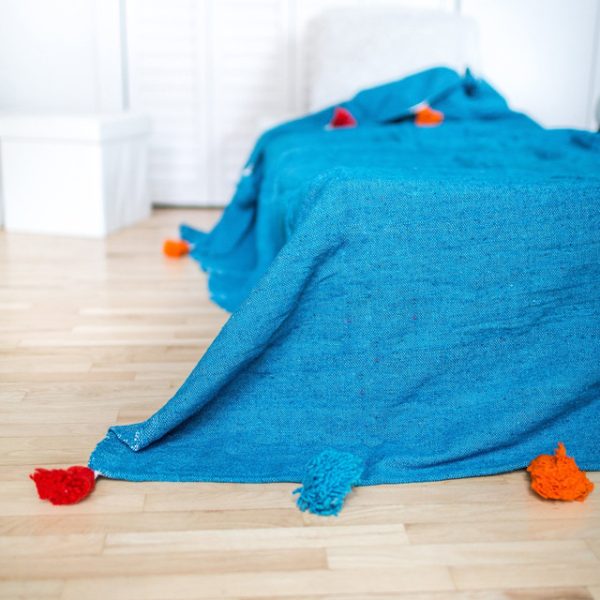 Blue Moroccan Pom Pom Blanket | Handmade Wool Throw