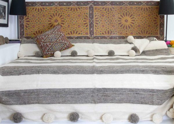 Handcrafted Grey and Beige Moroccan Pom Pom Wool Blanket
