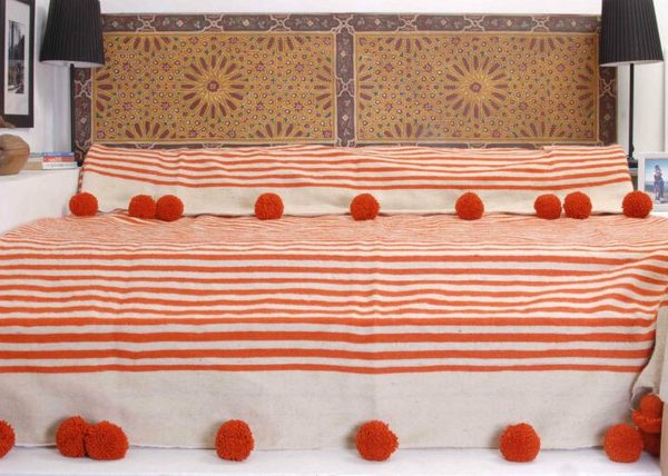 Moroccan Pom Pom Wool Blanket - Handmade Orange & White Striped Design