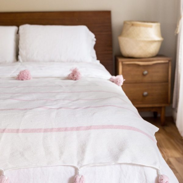 Soft Pink & White Moroccan Pom Pom Blanket with Pink Poms