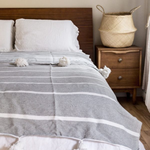 Moroccan Pom Pom Blanket in Grey and White - Hand-Woven Wool Blanket