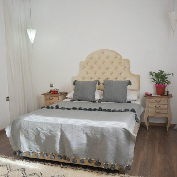 Grey Moroccan Pom Pom Handwoven Cotton Blanket - Bohemian Touch