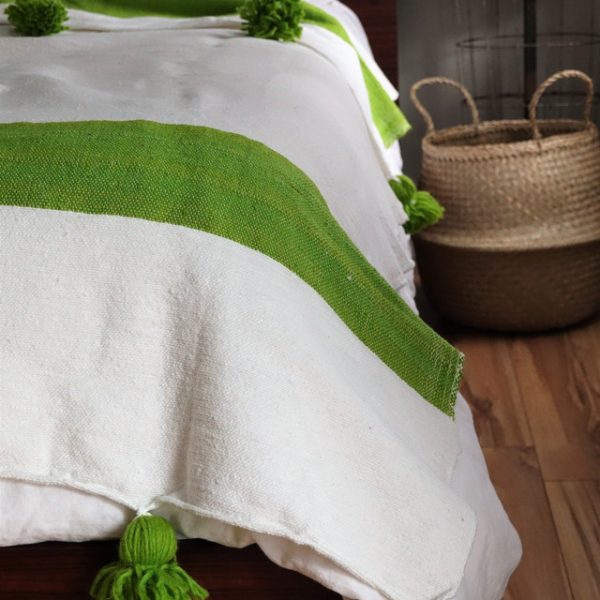 White and Green Striped Moroccan Pom Pom Blanket - Handwoven Wool