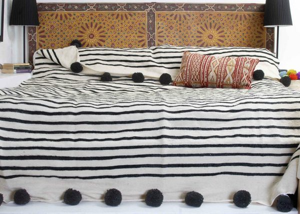 Handwoven Moroccan Pom Pom Blanket with Red Details