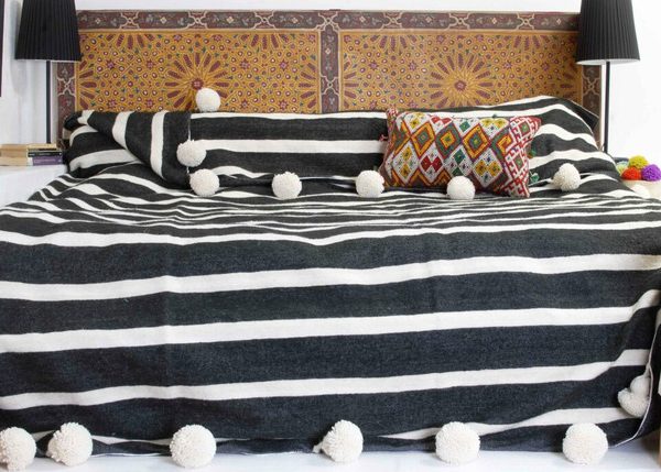 Striped Black and White Pom Pom Moroccan Blanket in Handwoven Cotton