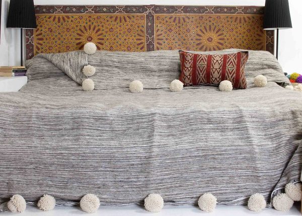 Luxurious Grey Pom Pom Moroccan Blanket - Handcrafted 100% Cotton Blanket with Elegant Pom Pom Design