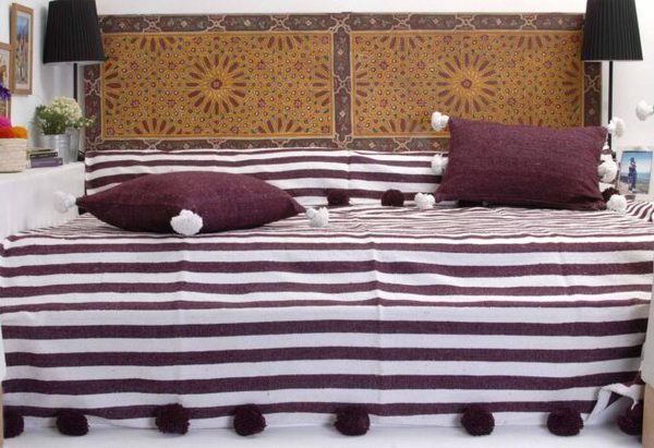 Luxurious Dark Purple Moroccan Pom Pom Blanket - Premium Wool Crafted by Artisans