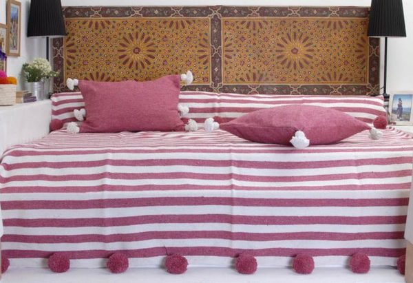 Moroccan Pom Pom White & Pink Striped Cotton Blanket