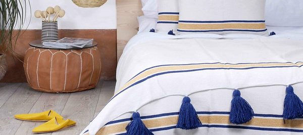 Handcrafted Moroccan Cotton Pom Pom Blanket - Blue & White