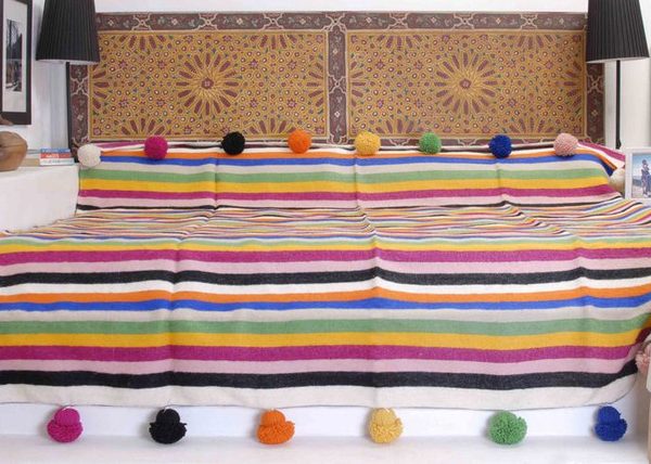 Moroccan Pom Pom Hand-Woven Wool Blanket - Cozy, Colorful, Customizable