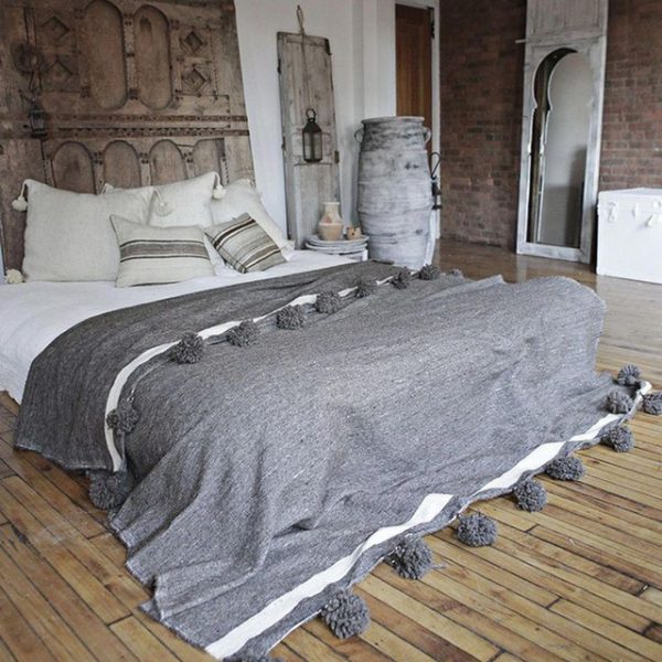 Handmade Moroccan Wool Pom Pom Blanket in Grey