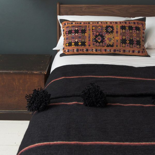 Luxurious Black Moroccan Pom Pom Cotton Blanket
