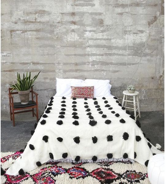 Handwoven Moroccan Wool Blanket with Black Pom Poms