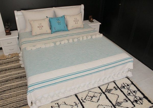 Light Blue Moroccan Pom Pom Blanket - Handwoven Cotton Blanket
