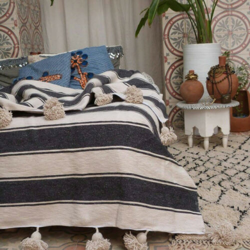 Grey Beige Pom Pom Moroccan Blanket | Handmade Wool Stripes