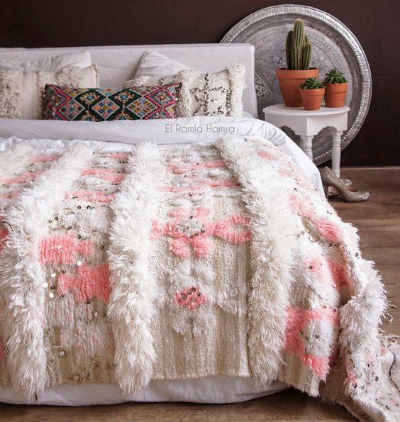 Ivory and Pink Moroccan Wedding Blanket - Handmade Wool Throw