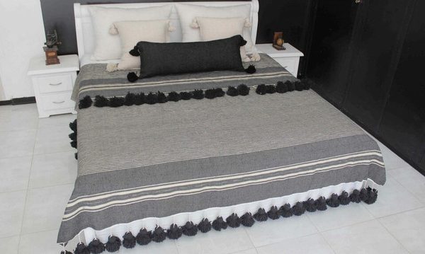 Bohemian Grey Moroccan Pom Pom Blanket - Premium Wool Handcrafted Piece