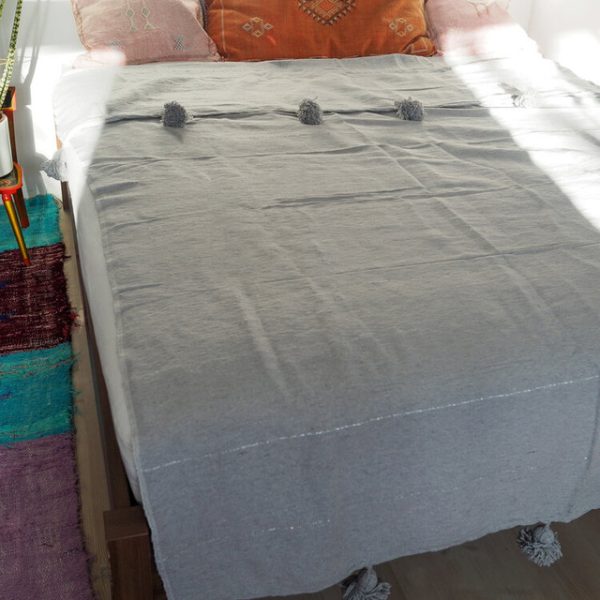 Cotton Grey Moroccan Pom Pom Blanket | Handcrafted Artisan Blanket