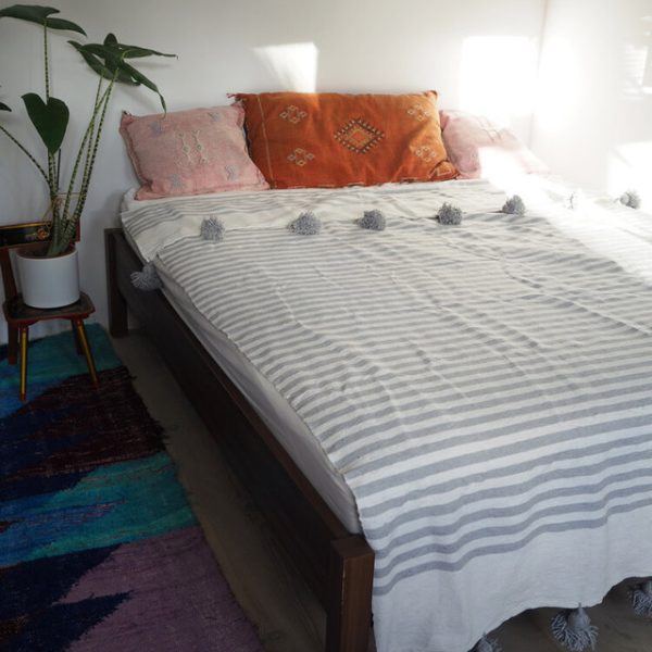 Grey Moroccan Pom Pom Blanket - Handwoven 100% Cotton Blanket