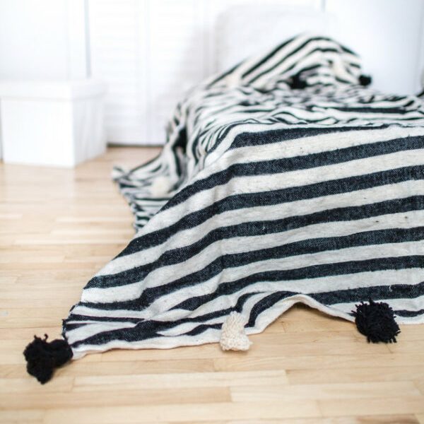 Moroccan Pom Pom Cotton Blanket - Black & White, Handcrafted