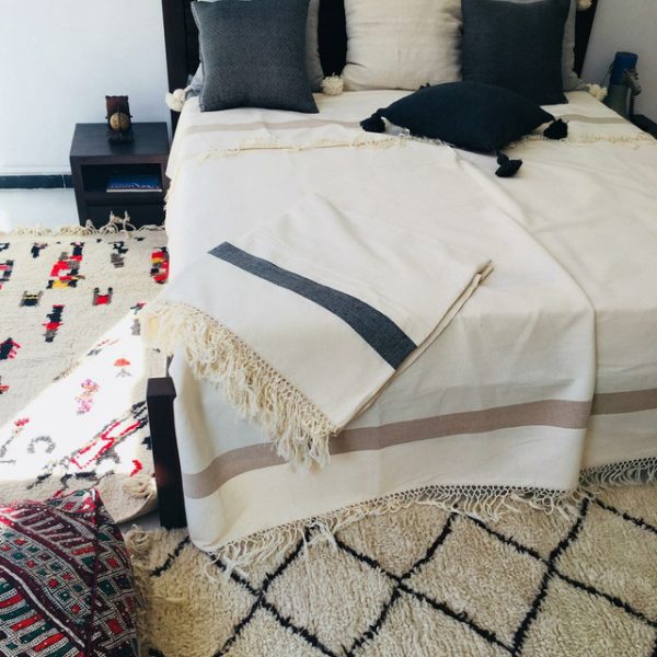 Moroccan Cotton Pom Pom Blanket in Beige