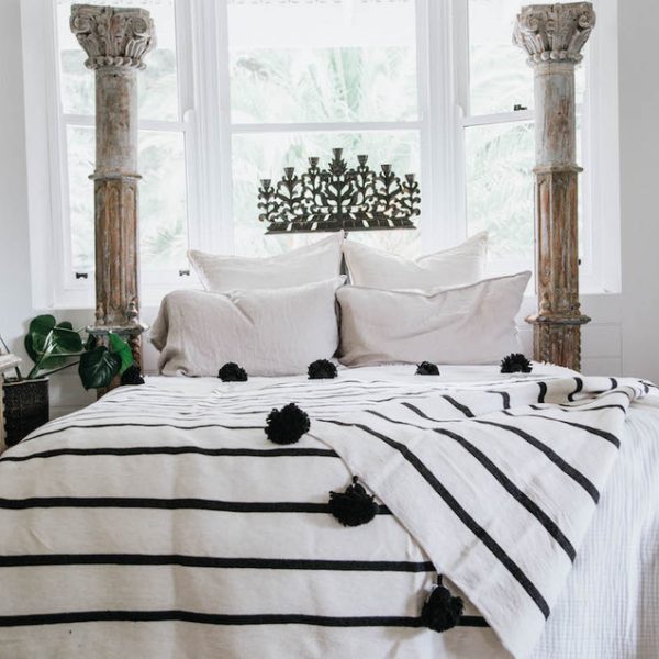 Luxurious Handcrafted Striped Moroccan Pom Pom Blanket