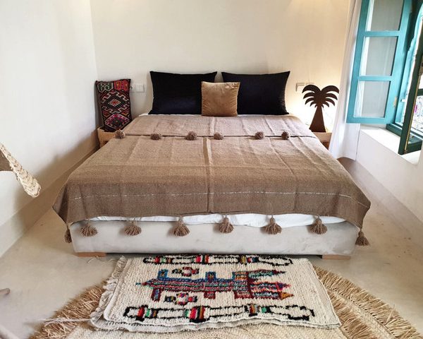 Brown Moroccan Pom Pom Handwoven Wool Blanket