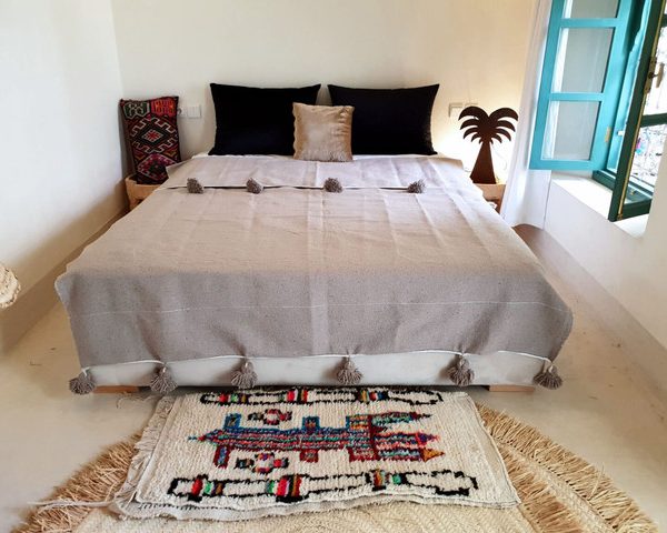 Natural Brown Moroccan Pom Pom Blanket - Hand-Crafted Cotton Blanket