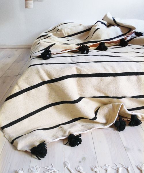 Handwoven Moroccan Wool Pom Pom Blanket in Beige and Black