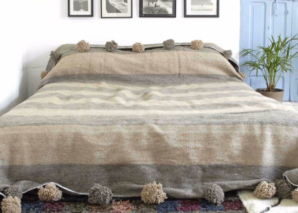 Moroccan Handcrafted Wool Blanket with Grey Stripes and Pom Poms