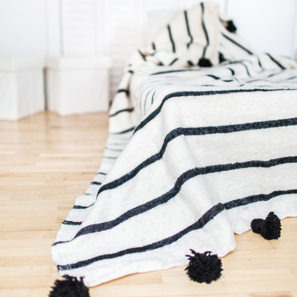 Elegant White and Black Striped Moroccan Pom Pom Wool Blanket