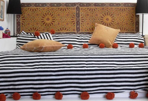 Moroccan Black & White Wool Pom Pom Blanket with Red Accents