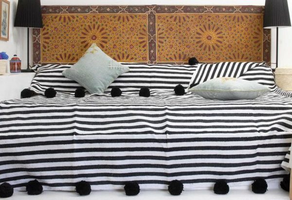 Moroccan Handmade Pom Pom Throw Blanket - Black & White Stripes
