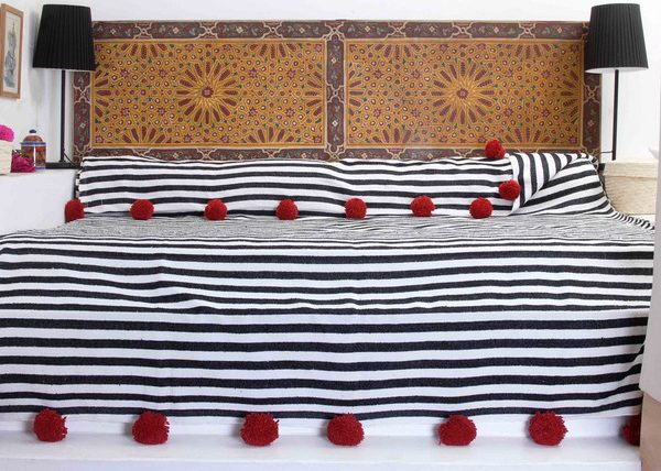 Luxurious Striped Moroccan Pom Pom Blanket