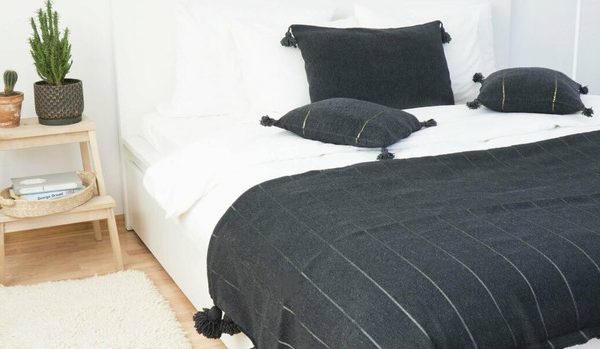 Handwoven Moroccan Black Pom Pom Cotton Blanket