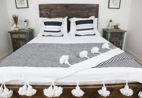 Striped Moroccan Pom Pom Cotton Blanket - Handcrafted Elegance