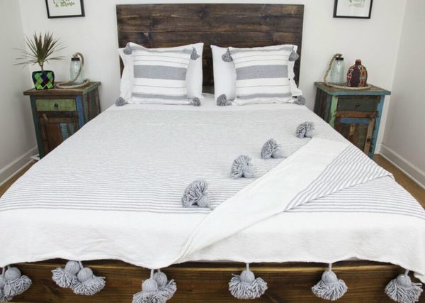 White and Grey Striped Moroccan Pom Pom Wool Blanket