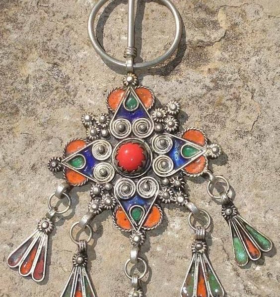Moroccan Berber Fibula Brooch Enamel Finish Vintage Silver