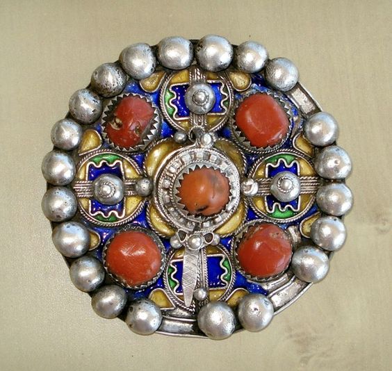 Moroccan Berber Enameled Fibula Brooch with Charms