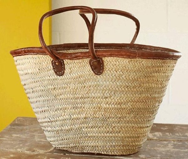 Handmade Moroccan French Market Basket with Brown Leather Straps