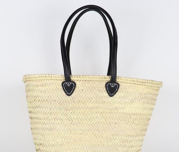 French Market Basket with Dark Leather Straps | Ethically Handwoven