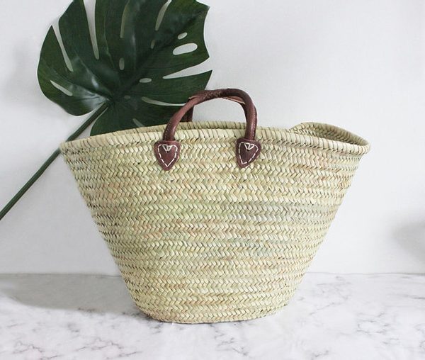 French Market Basket with Leather Handles - Handwoven Eco-Friendly Design for Beach Outings and Shopping - Sustainable and Stylish Organizer